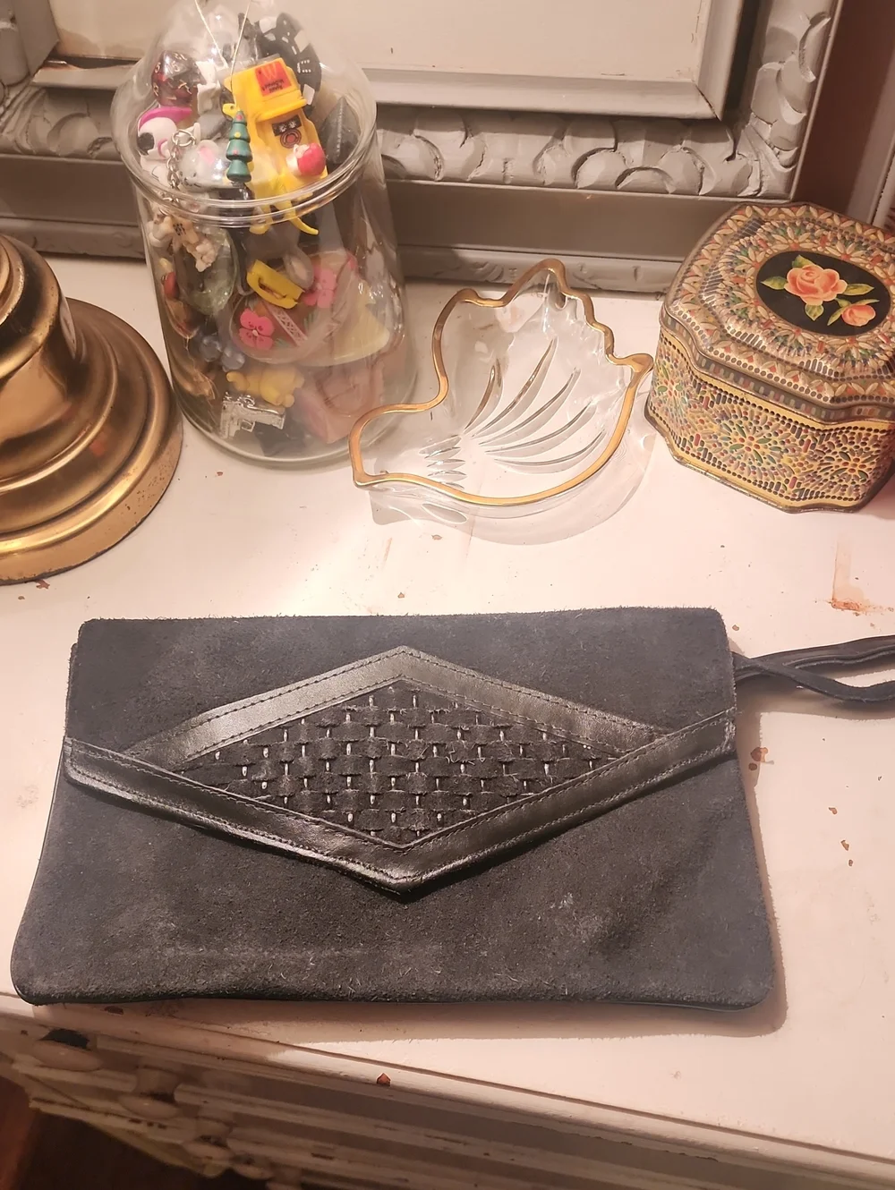 Black Suede Wristlet Clutch with Woven Detail